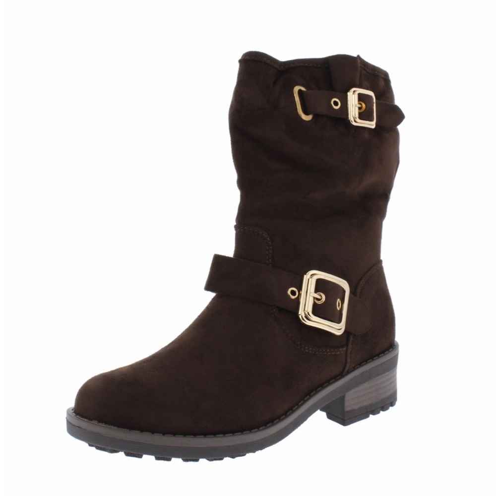 Moto manmade suede look boots with gold buckles